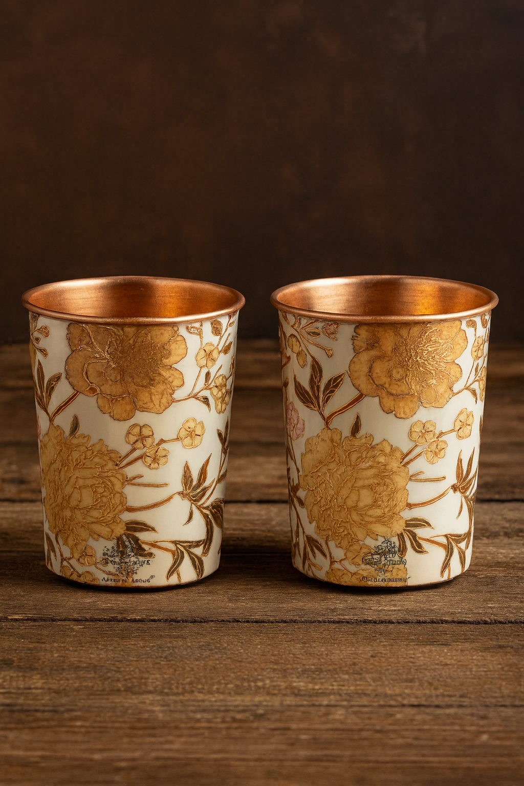 Copper Gold Floral Print Glass 275ml – Handcrafted Designer Drinkware