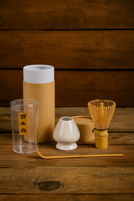 Matcha Tea-making set with various ceramic items on a wooden surface