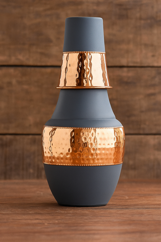 Copper Hammered Lacquer Coated Bedroom Bottle with Inbuilt Glass Gray 1250ml