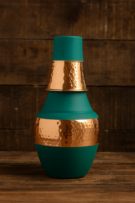 Copper Hammered Lacquer Coated Bedroom Bottle with Inbuilt Glass Green 1250ml