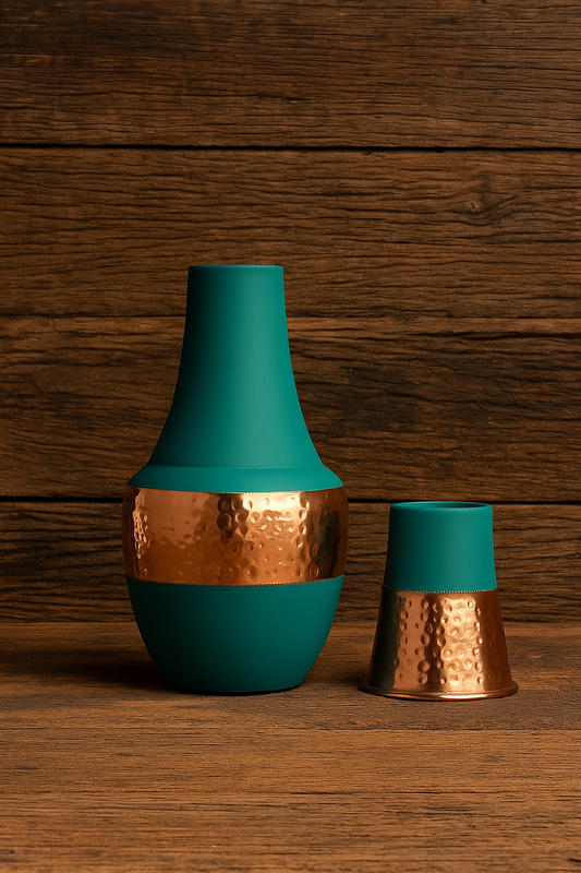 Copper Hammered Lacquer Coated Bedroom Bottle with Inbuilt Glass Green 1250ml