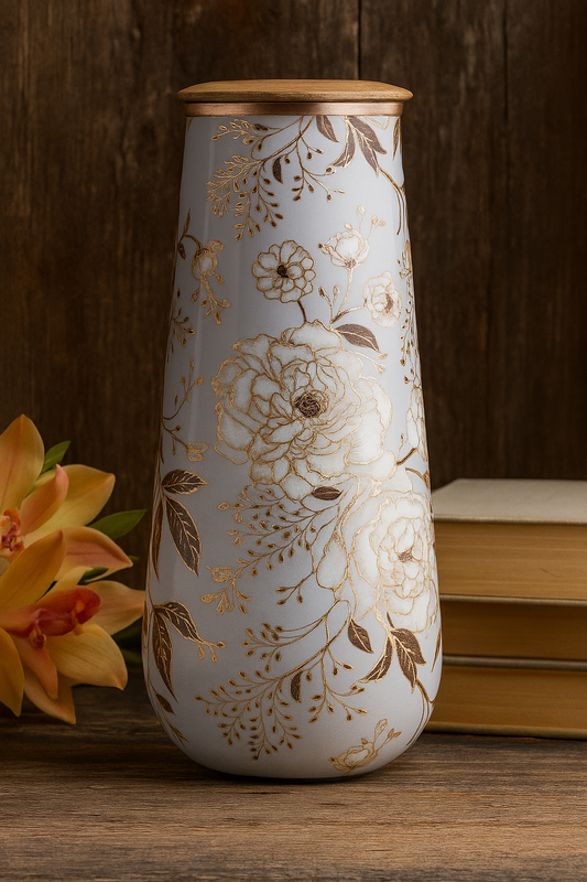 Copper Gold Printed Bottle with Wooden Lid – Elegant Floral Design Copper