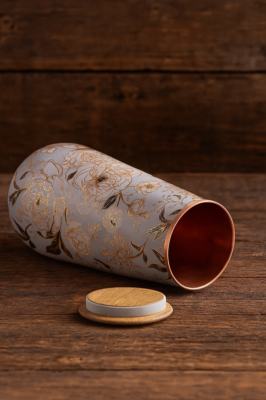 Copper Gold Printed Bottle with Wooden Lid – Elegant Floral Design Copper