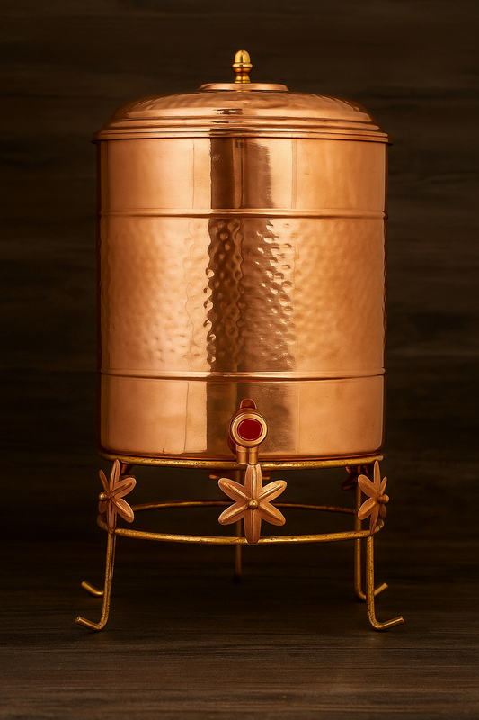 13.5L Pure Copper Hammered Water Dispenser with Tap & Floral Stand – Handcrafted Barware