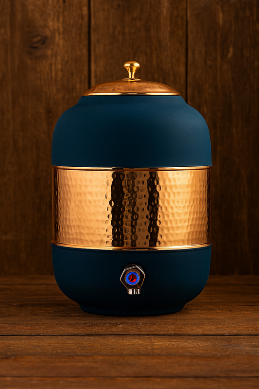 4.8L Pure Copper Half-Hammered Water Pot with Blue Silk Finish & Lid