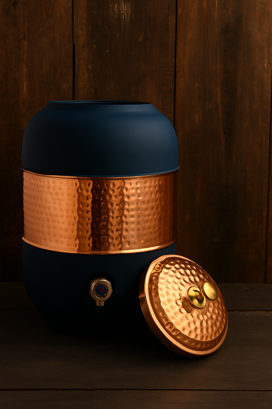 4.8L Pure Copper Half-Hammered Water Pot with Blue Silk Finish & Lid