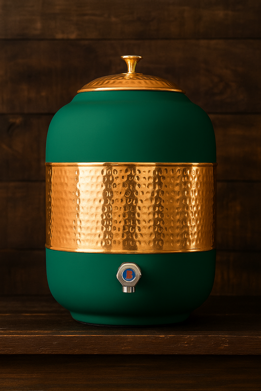 4.8L Pure Copper Half-Hammered Water Pot with Green Silk Finish & Lid