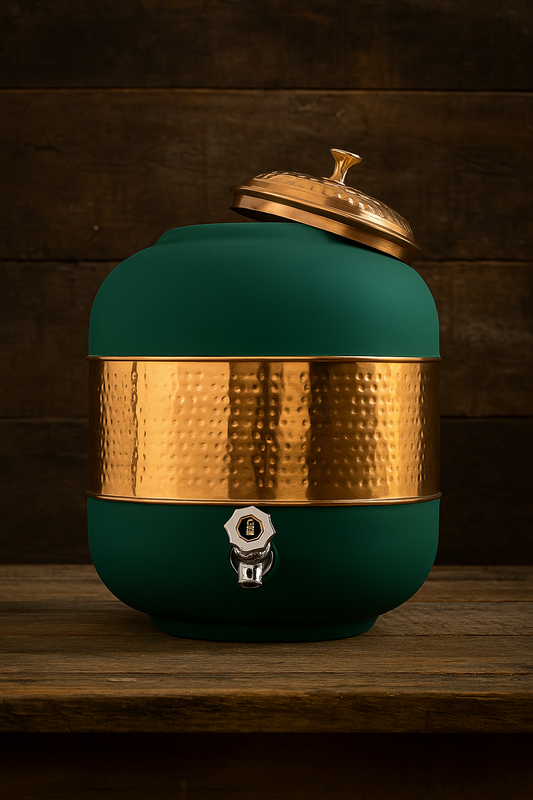 4.8L Pure Copper Half-Hammered Water Pot with Green Silk Finish & Lid