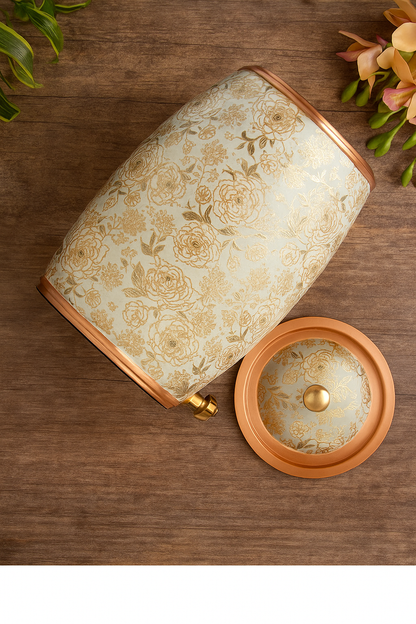 10L Pure Copper Water Pot with Gold Floral Print & Brass Tap – Handcrafted Design