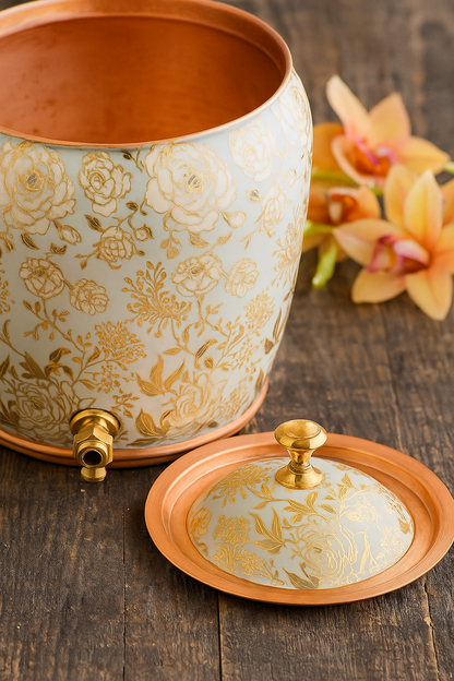 10L Pure Copper Water Pot with Gold Floral Print & Brass Tap – Handcrafted Design