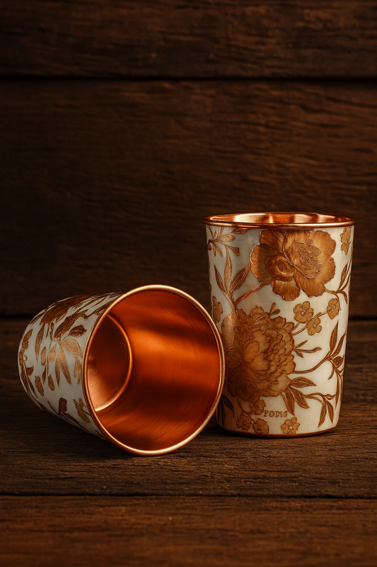 Copper Gold Floral Print Glass 275ml – Handcrafted Designer Drinkware
