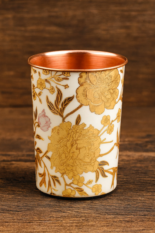 Copper Gold Floral Print Glass 275ml – Handcrafted Designer Drinkware