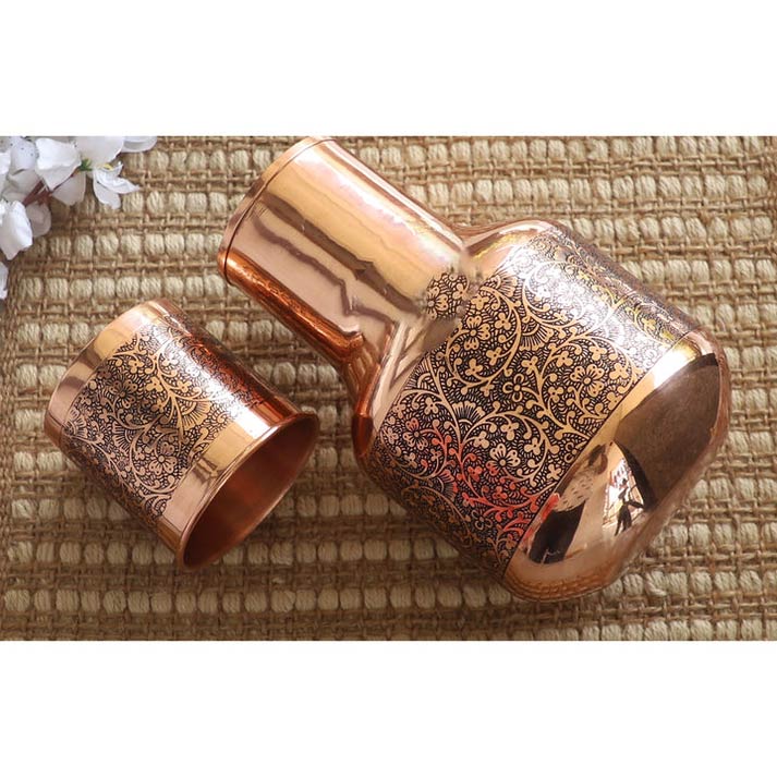 Copper Hammered Embossed Pitcher Bottle with Glass image 2