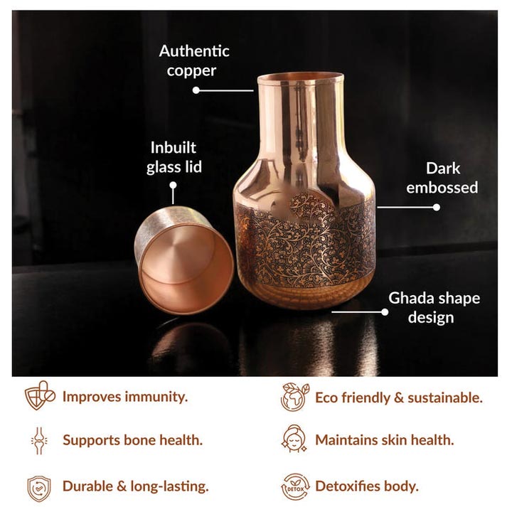 Copper Hammered Embossed Pitcher Bottle with Glass